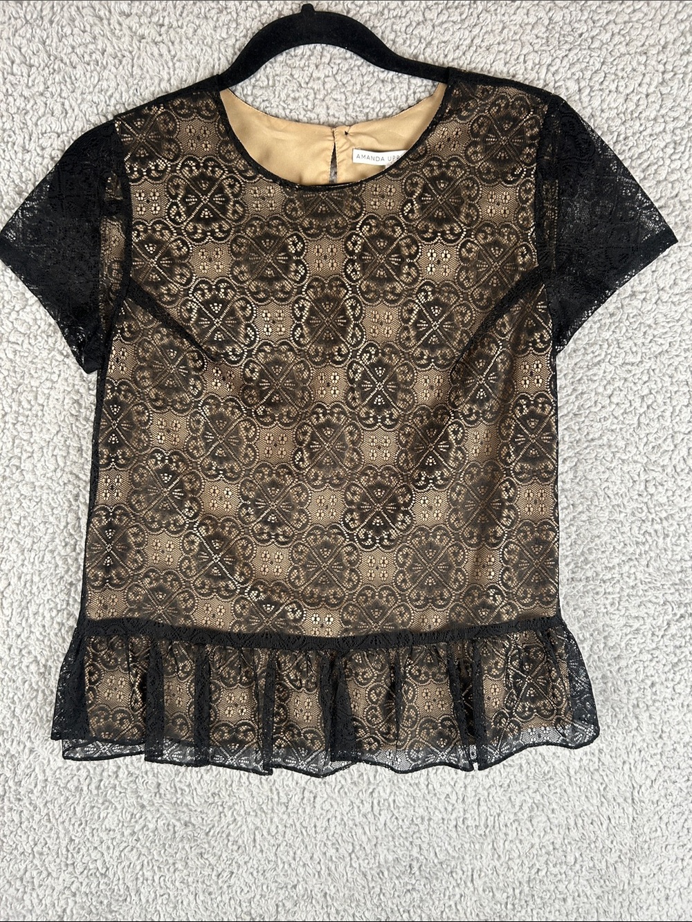 Amanda Uprichard Lace Short Sleeve Lined Black Top Size XS